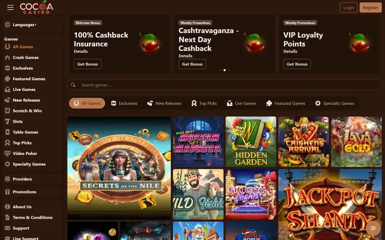 Cocoa Casino homepage on a dark brown background: the Cocoa Casino logo at top left, a games menu down the left, a search box, category tabs and slot game tiles