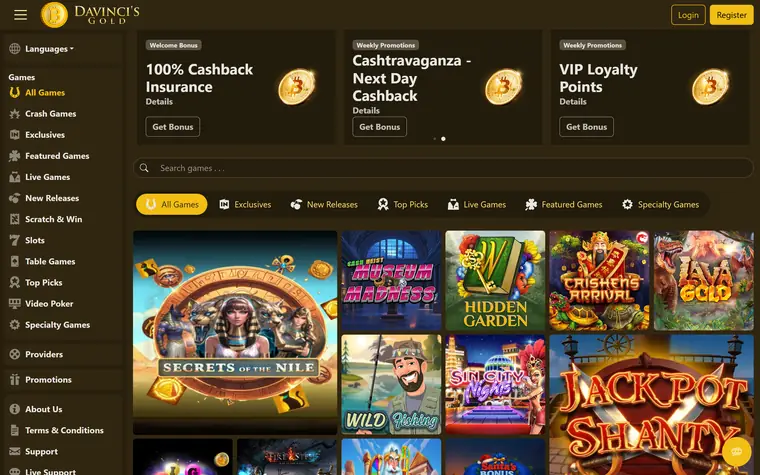 DaVinci’s Gold homepage on a dark olive background: the gold coin DaVinci’s Gold logo at top left, a games menu down the left, a search box, category tabs and slot game tiles