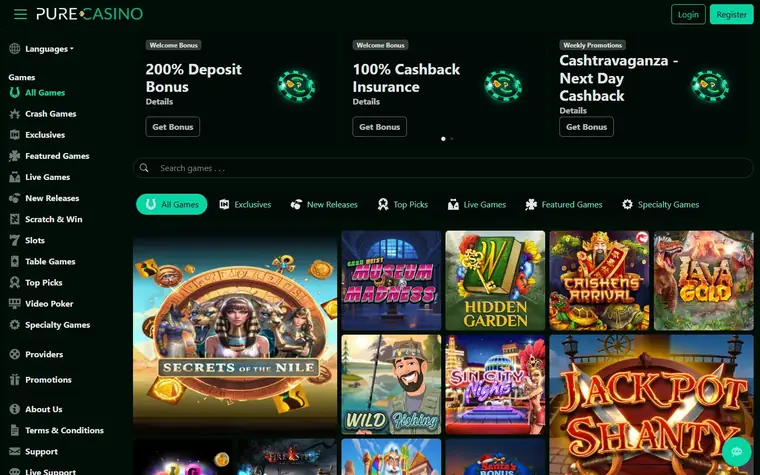 Pure Casino games lobby on near-black with green category tabs: a games menu down the left, a search box and slot game tiles