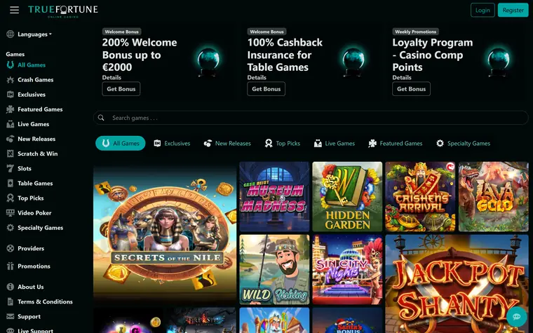 True Fortune homepage on a near-black background: the green True Fortune logo at top left, a games menu down the left, a search box, category tabs and slot game tiles
