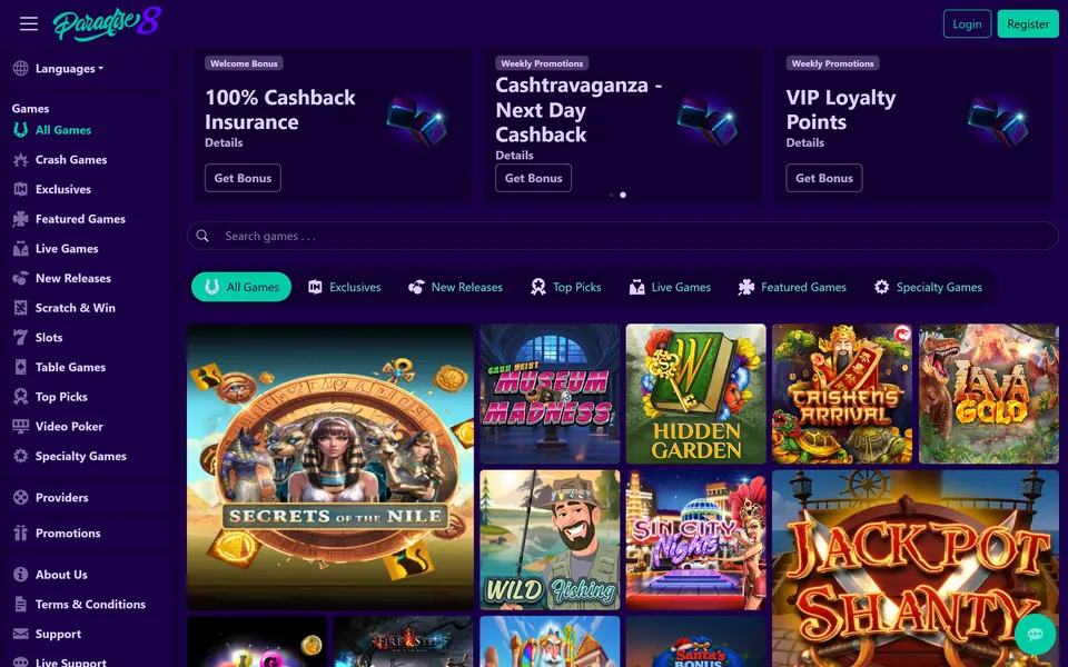 Paradise 8 homepage on a deep purple background: the green and violet Paradise 8 logo at top left, a Login button, a games menu down the left, a search box, category tabs and a grid of slot game tiles